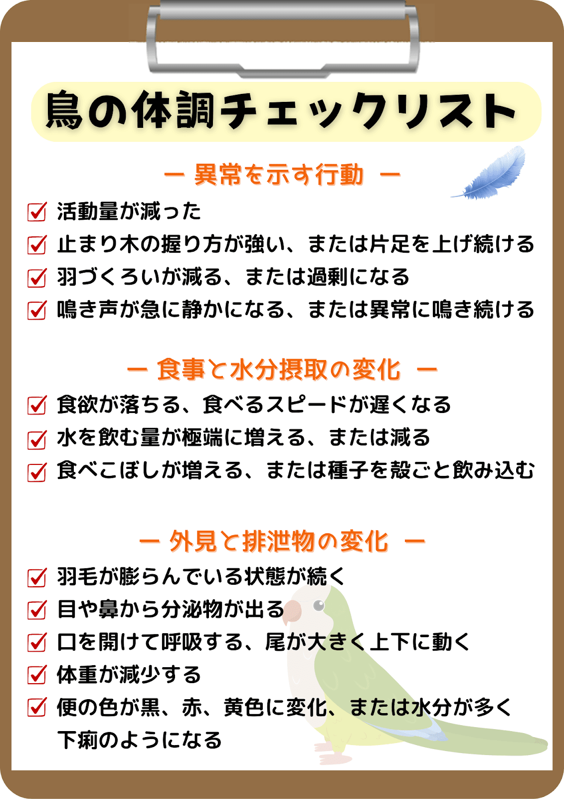 鳥の体調チェックリスト。異常を示す行動（活動量減少、止まり木の握りが強い、羽づくろいの異常、鳴き声の変化）、食事と水分摂取の変化（食欲減退、飲水量の変化、食べこぼし増加）、外見と排泄物の変化（羽毛の膨らみ、分泌物、呼吸異常、体重減少、便の色や状態の変化）をイラスト付きで紹介。
