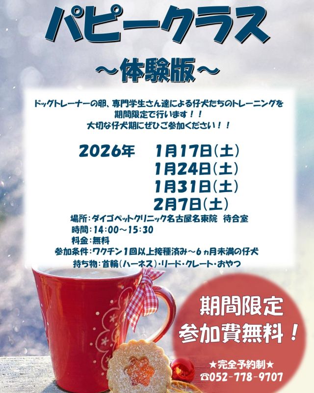 こんにちはダイゴペットクリニック名古屋名東院です！
この度、ドッグトレーナーの卵、専門学生さん達による仔犬のトレーニングを期間限定で開催します🌟
パピー期に大切なことや可愛い芸の教え方などを学んでいきます💞
大切な仔犬期にぜひご参加ください🐶

開催日　2026年1月17日（土）　1月24日（土）　1月31日（土）　2月7日（土）
開催時間14：00～15：30
料金　無料
完全予約制ですのでご予約の際はお電話もしくは病院窓口にてお願いします。
☎052-778-9707
まだまだ空きに余裕がございますので、お気軽にお問い合わせください。

#ダイゴペットクリニック　 #動物病院 　#年中無休　#日曜診察　#祝日診察　#名古屋市動物病院　#名東区動物病院　#ヒッコリー　#トリミングサロン　#獣医師　#動物看護師　#トリマー　#名古屋名東院　#パピークラス　#しつけ教室